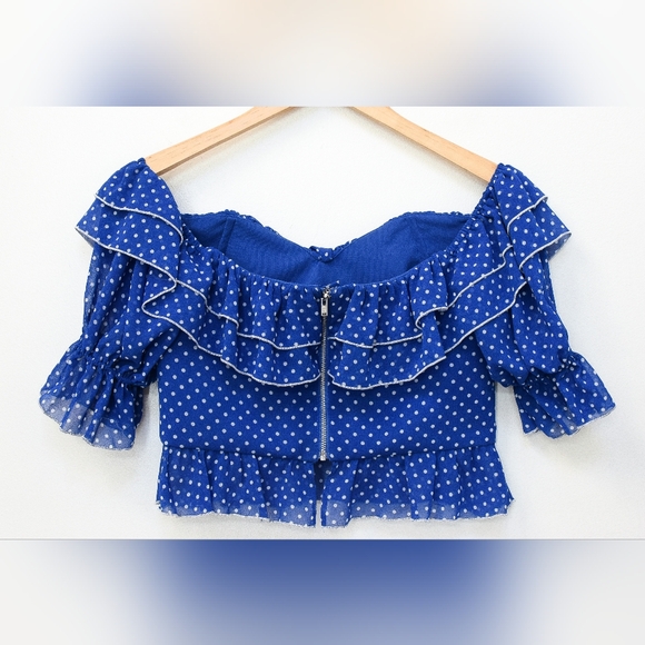 Lovers + Friends Reid Polka Dot Faux Corset Top Blue White Ruffle Size S Boho - Picture 7 of 11
